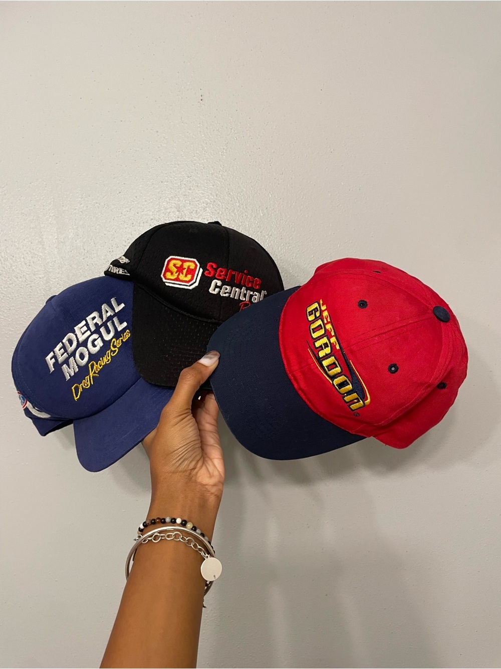 Trio of Vintage Racing Caps - Blue, Black & Red
